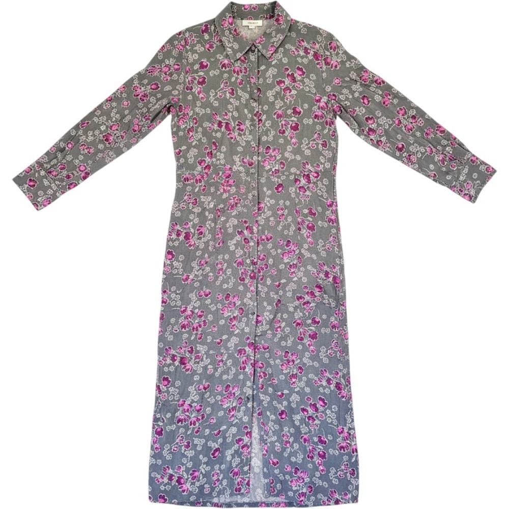 Eddie Bauer Womens Medium Green Pink Floral Rayon Long Sleeve Maxi Shirt Dress